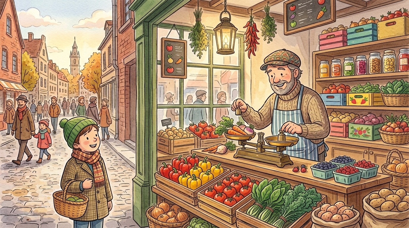 Un marchand de fruits et légumes souriant discute avec ses clients